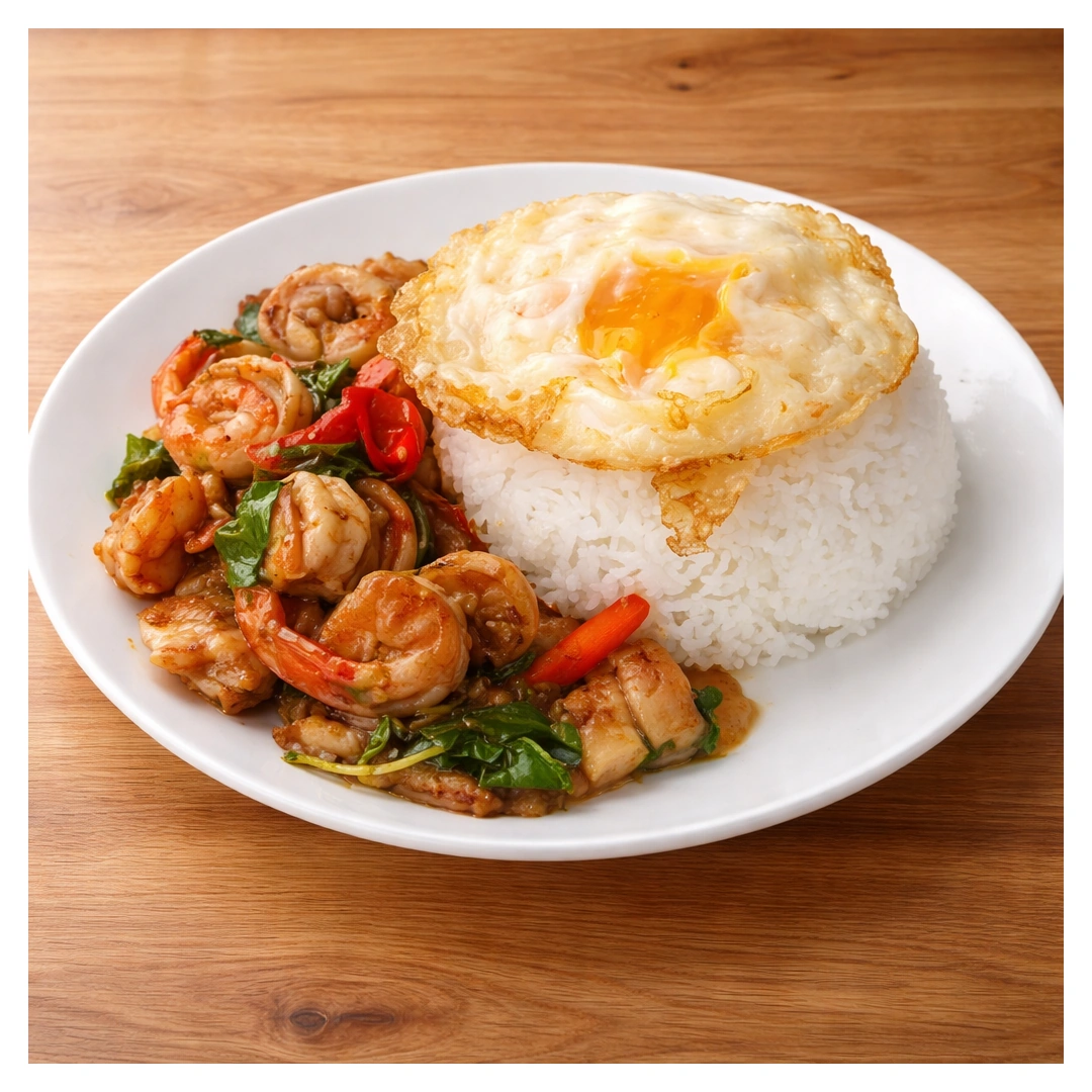 Basil Seafood + Fried Egg at Som Tam Tid Zaeb in Pattaya